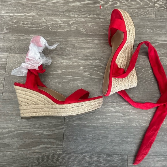 Red Shoes - NWT Red Ankle Tie Wedge Sandals